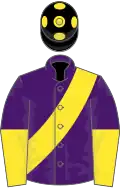 Purple, yellow sash, halved sleeves, black cap, yellow spots