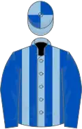 Light Blue and Royal Blue stripes, Royal Blue sleeves, quartered cap