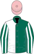 Dark green and white (halved), striped sleeves, pink cap