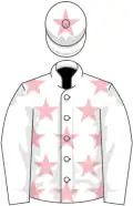 White, pink stars, white sleeves, white cap, pink star