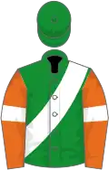 Green, white sash, orange sleeves, white armlets, green cap