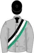 Silver, Black, White and Emerald Green Sash, Black Cap