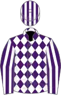 Purple and white diamonds, striped sleeves and cap