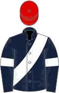 Dark blue, white sash and armlets, red cap