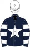 Dark blue, white star, hooped sleeves, white cap