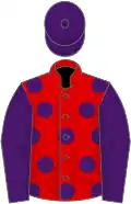 Red, purple spots, purple sleeves and cap