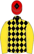 Yellow, black diamonds on body, red cap, black diamond