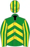 Green, yellow chevrons, striped sleeves and cap