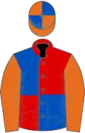Red and royal blue (quartered), orange sleeves, orange and royal blue quartered cap