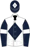 WHITE, dark blue diamond, dark blue sleeves, white armlet, dark blue cap, white diamond