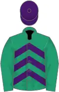 Emerald green, purple chevrons, emerald green sleeves, purple cap