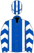 Royal blue, white braces, white chevrons on sleeves, striped cap