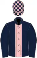 Dark blue, pink stripe, dark blue sleeves, pink and dark blue checked cap