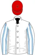 White, light blue striped sleeves, red cap
