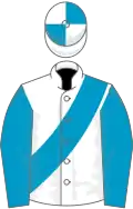 White, turquoise blue sash and sleeves, quartered cap
