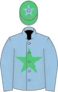 Light blue, emerald green star, emerald green cap, light blue star