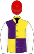 YELLOW and PURPLE QUARTERED, white sleeves, red cap