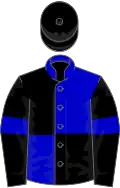 Blue and black (quartered), black sleeves, blue armlets, black cap