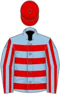 Light blue and red hoops, striped sleeves, red cap