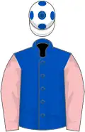 ROYAL BLUE, pink sleeves, white cap, royal blue spots