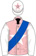 Pink, white star, royal blue sash, white sleeves, white cap, pink star