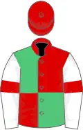 Red and emerald green (quartered), white sleeves, red armlets, red cap