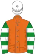 Orange, green and white hooped sleeves, white cap