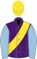 Purple, yellow sash, light blue sleeves, yellow cap