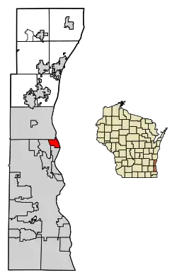 Location of Bayside in Milwaukee and Ozaukee Counties, Wisconsin.