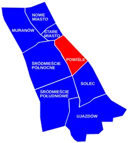 Location of Powiśle neighborhood (red) in the district of Śródmieście (navy blue)