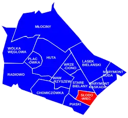 The location of the City Information System area of Słodowiec within the district of Bielany.