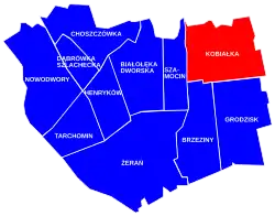 Location of Kobiałka within the district of Białołęka, in accordance to the Municipal Information System.