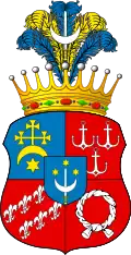 Grabowski IX Hrabia, a variation of Zbiświcz (Parted quarterly with an inescutcheon: Zbiświcz – Korybut/Turno/Wierzbna/Nałęcz). Coat of Arms of Count Józef Ignacy Goetzendorf-Grabowski and Count Józef Grabowski (Prussia)