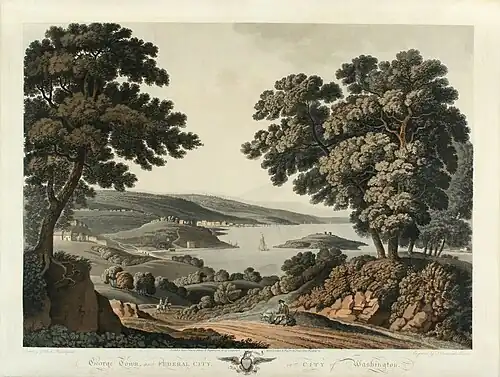 View of the Potomac River, Analostan Island, Georgetown, and, in the distance, buildings of the nascent City of Washington. (Engraving based on an 1801 watercolor by George Jacob Beck.)