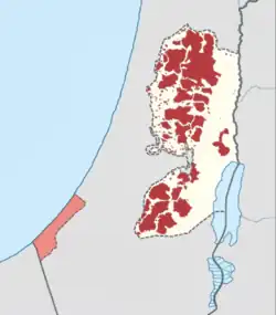 The Palestinian Authority (current de facto control in red) was created to exert partial civil control in the West Bank enclaves and in the Gaza Strip.[1] The Gaza Strip (in light red) is de jure under the Palestinian Authority[2] and de facto under the administration of the Hamas government since 2007.