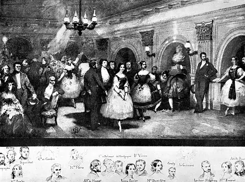 Lithograph depicting many famous dancers and their patrons in the Foyer de la Danse (1841)