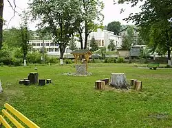 City park in Momin Prohod. The cultural community centre is in the background