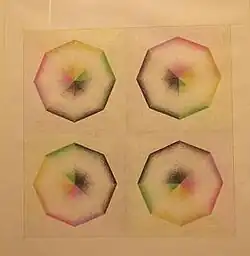 Four octagonal shapes, each divided into 8 slices with gradating hues of red, pink, yellow, orange, purple.