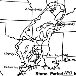 Map of rainfall totals over the Central United States from the hurricane