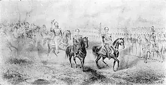 Drawing depicting a group of mounted men in dress uniform who are inspecting lines of troops