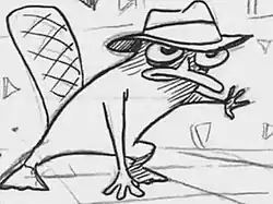 Pencil and ink line sketch of secret agent platypus, wearing a hat and with a determined expression, in a dramatic pose