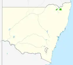 A map of New South Wales showing the range in green