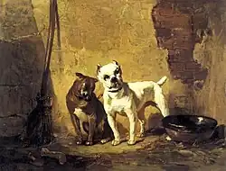 Painting of a bull-and-terrier and a white bulldog, c. 1887