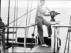 Photographer Sidney Shurcliff with Akeley Camera aboard the Illyria