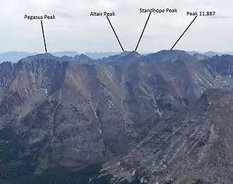 A photo of Pegasus and surrounding peaks viewed from the summit of Hyndman Peak.