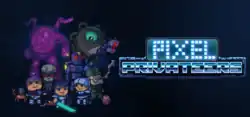 Logo of Pixel Privateers, showcasing characters and enemies to its left