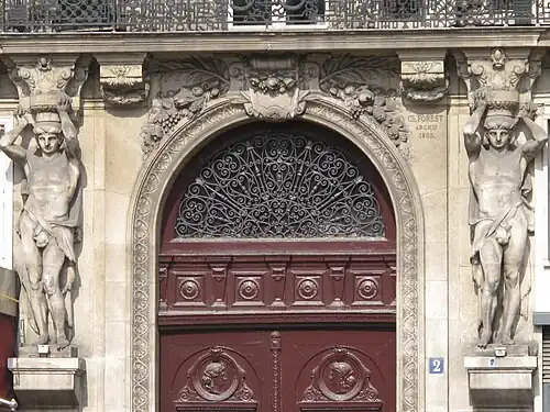 Neoclassical atlantes of Place d'Estienne-d'Orves no. 2, Paris, sculptor Joseph Caillé and architect Ch. Forest, 1866