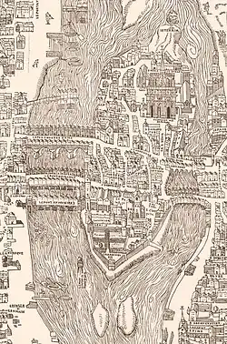 The Ile aux Juifs (bottom right), on the Plan de Bâle (1552)