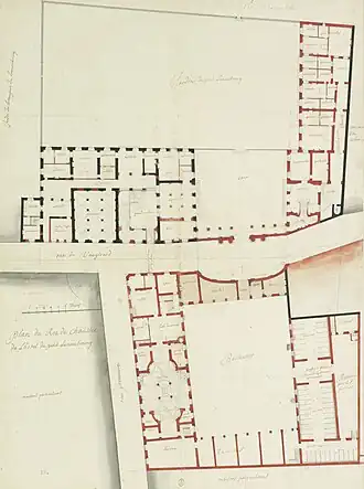 Project of 1709, ground-floor plans for the main buildings and the service wing north of the rue de Vaugirard[5]