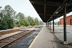 A low-level train station platform